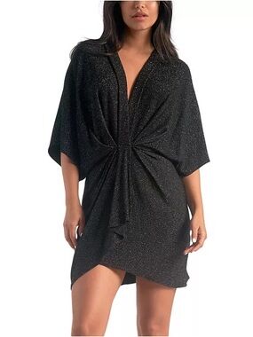 Elan Glitter Gathered Dolman Sleeve Mini Dress Women’s Size Small Black Gold NWT